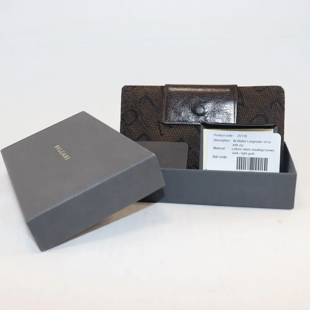 Bvlgari Logo Canvas‎ Trifold Wallet Brown Leather Coin Pouch Italy Authentic